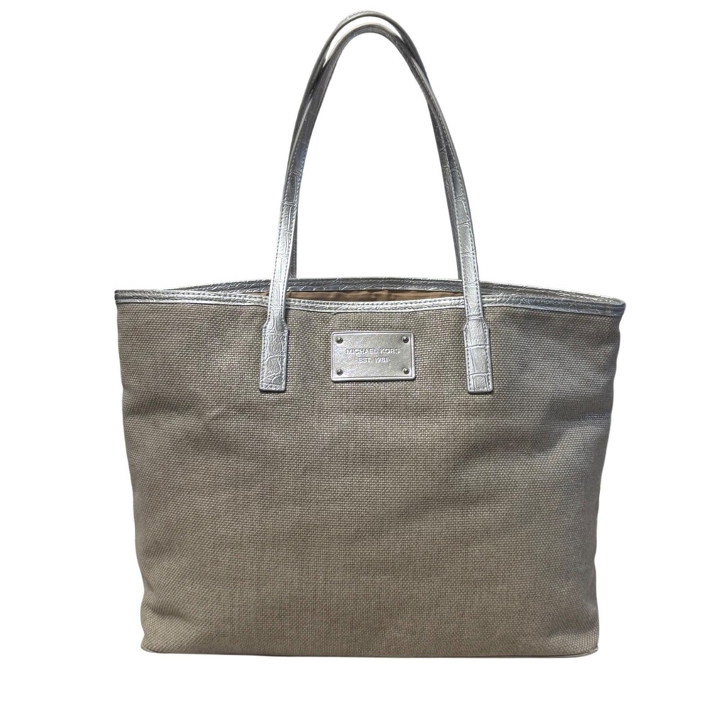 Michael Kors Tote Bag Womens Small Champagne Canvas Silver Croc Trim Excellent